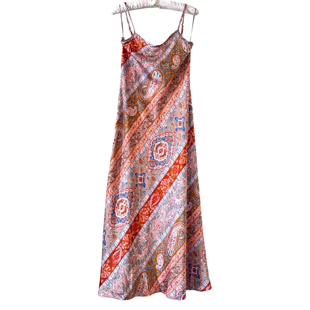 NWT VRG GRL Paisley Print Satin Maxi Slip Dress Boho Sun Summer Dress Size 10